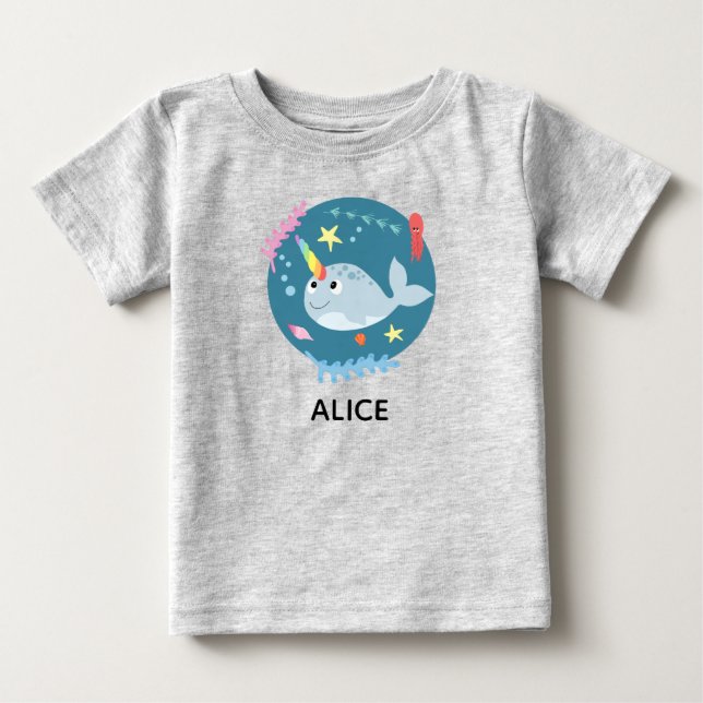 Camiseta Girls Trendy e Cute Rainbow Narwhal e Nome (Frente)