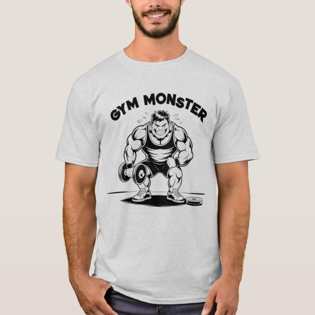 Camiseta Giro Monstro Funny Bodybuilder Levantando Cartoon (Frente)