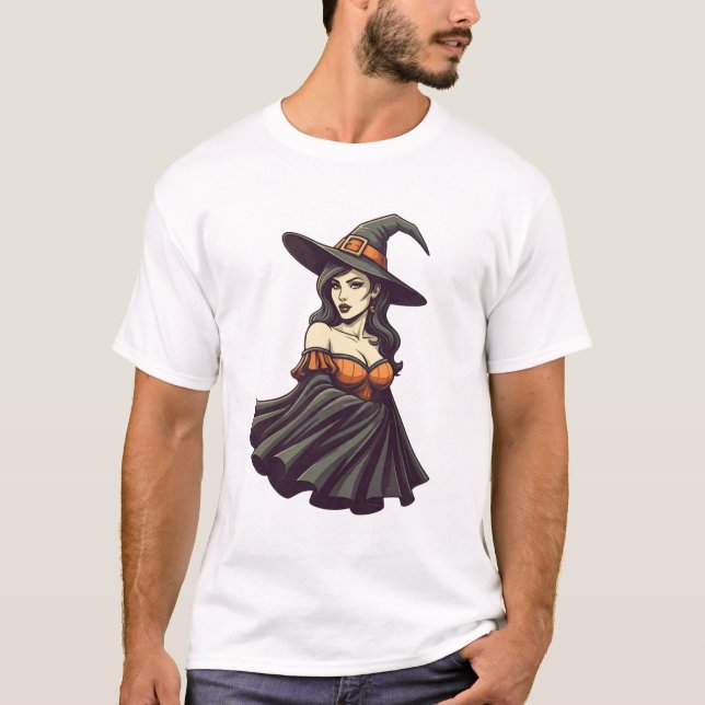 Camiseta Glam Witch Pinup Halloween Babe Retro Spooky (Frente)