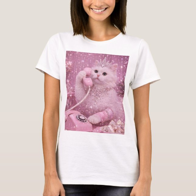 Camiseta Glamorous Princess Cat Using Pink Telephone        (Frente)