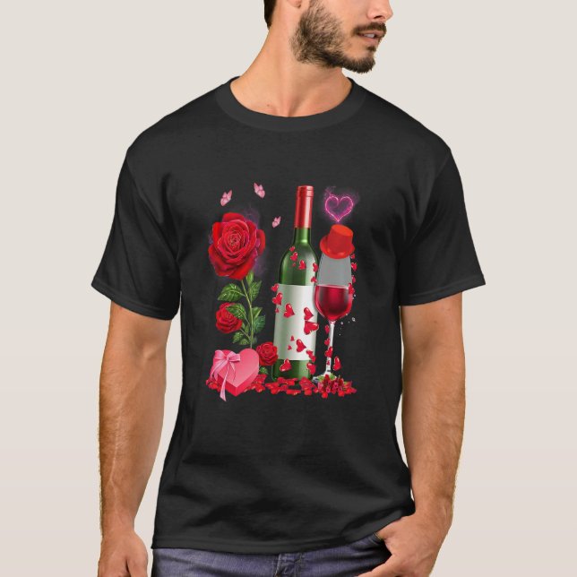 Camiseta Glasses Wine Rose Heart Funny Couple Valentines Da (Frente)