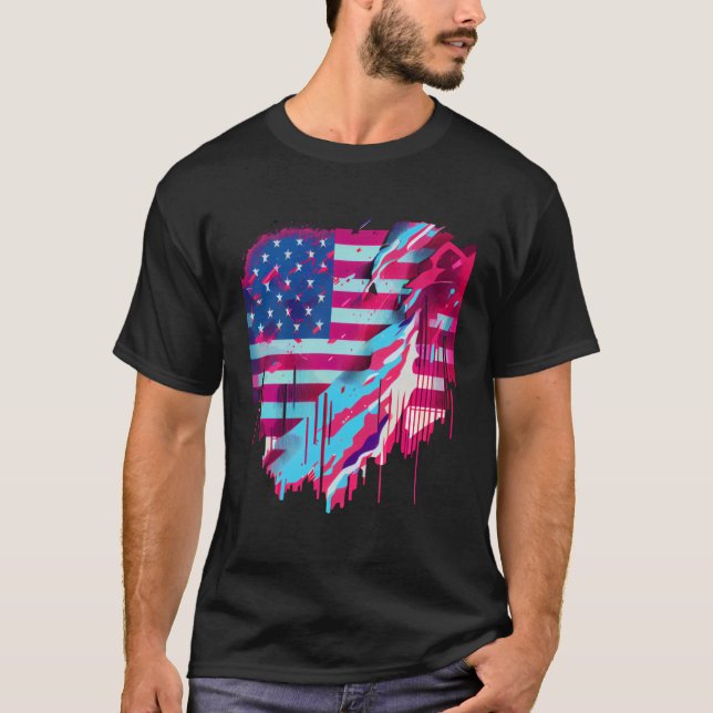 Camiseta Glitched Vaporwave American Flag (Frente)