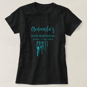 Camiseta Glitter Chic Teal Drips Doce 16 Aniversário