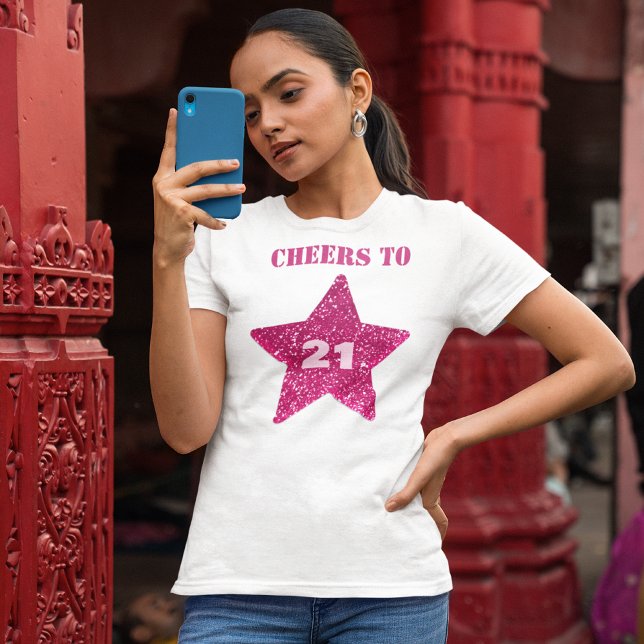 Camiseta Glitter Estrela Rosa Alegra-se a 21 aniversário de (Criador carregado)