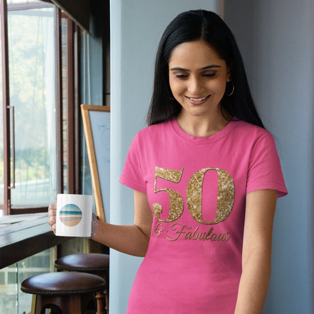 Camiseta Glittery Dourado 50 e Fabuloso Rosa (50 & Fabulous Birthday Tee)