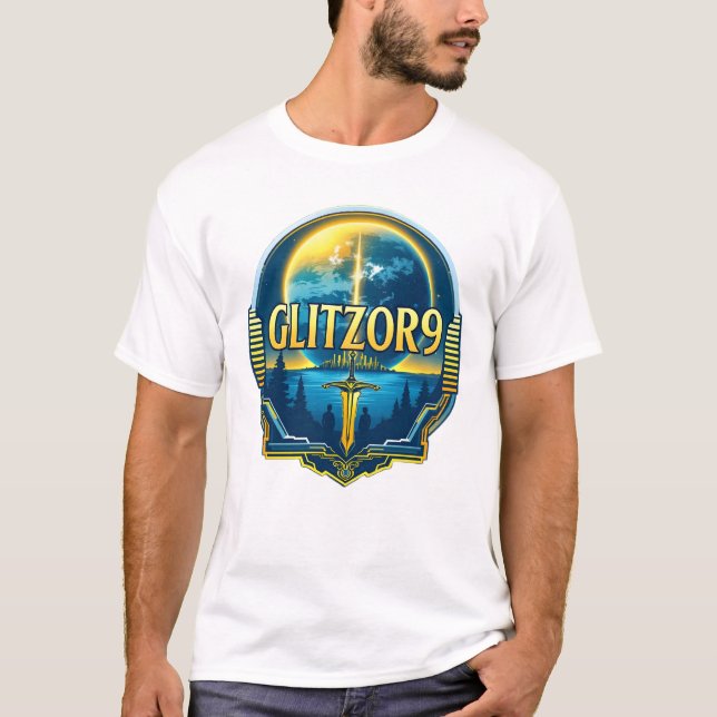 Camiseta Glitzor9 Skyline Badge — Planet & Blade Emblem (Frente)