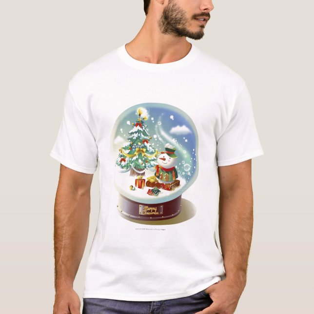 Camiseta Globo da neve com boneco de neve e árvore de Natal (Frente)