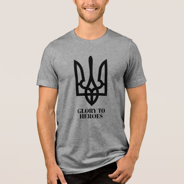 Camiseta Glory To Heroes & Ukrainian Trident Coat of Arms  (Frente)
