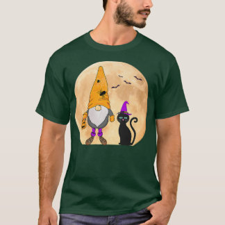 Camiseta Gnome and Cat Halloween Full Moon and Bats Graphic