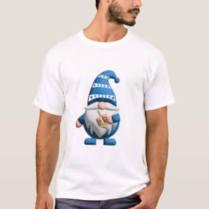 Camiseta Gnome de Hanukkah Branco Azul segurando Dreidel