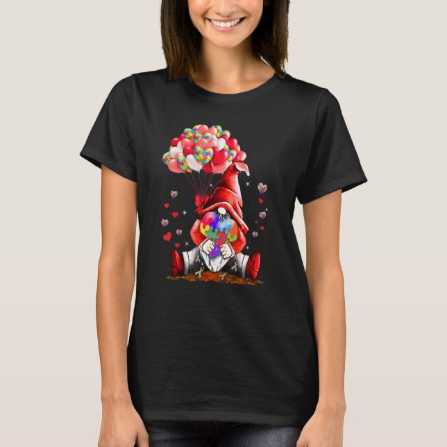 Camiseta Gnome Puzzles Balloon Heart Autism Awareness Valen (Frente)