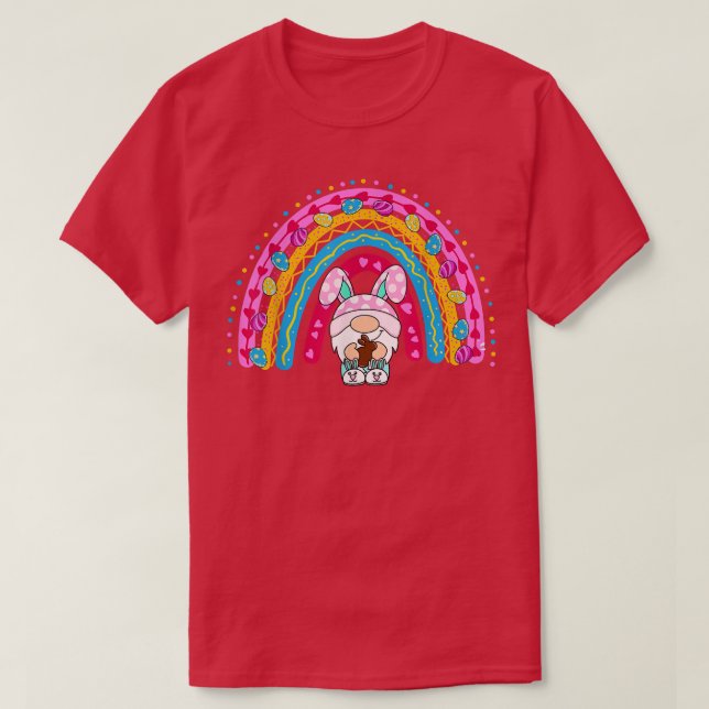 Camiseta Gnomo-Arco-Íris Bonito Páscoa Coelhinho Gnomo Abra (Frente do Design)