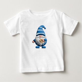 Camiseta Gnomo de Hanukkah Azul Branco segurando Dreidel