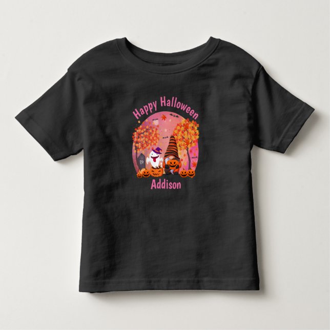 Camiseta Gnomo E Fantasma De Halloween Bonitos Com Texto (Frente)
