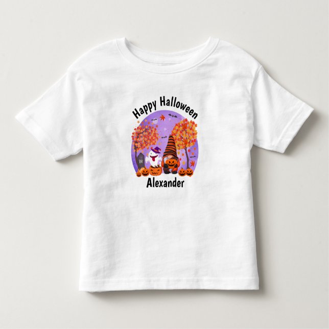 Camiseta Gnomo E Fantasma De Halloween Bonitos Com Texto (Frente)