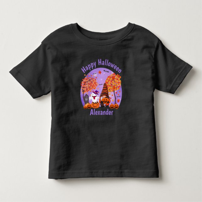 Camiseta Gnomo E Fantasma De Halloween Bonitos Com Texto (Frente)