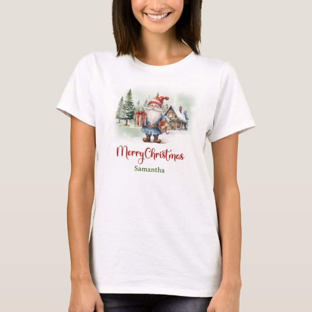 Camiseta Gnomo engraçado bonito com presentes de Natal na v (Frente)
