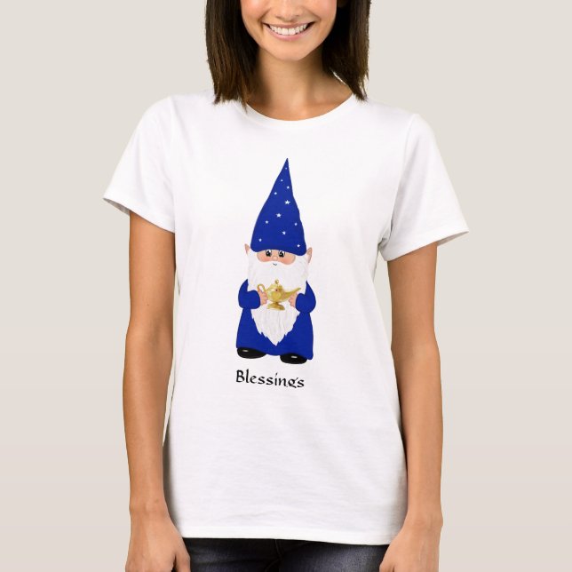 Camiseta Gnomo Sábio Vestido de Azul com Lâmpada (Frente)