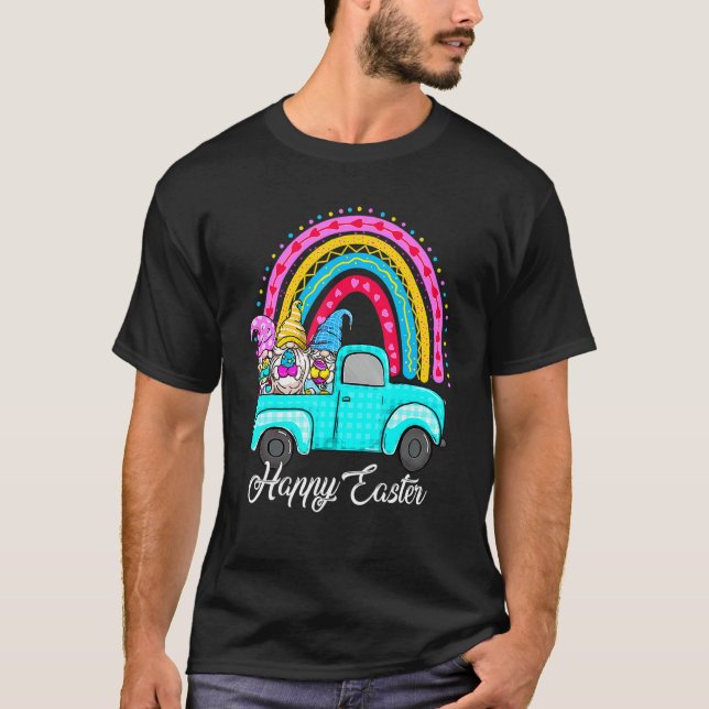 Camiseta Gnomos Arco-Íris Com Ovos Coelhinhos Caçando Pais (Frente)