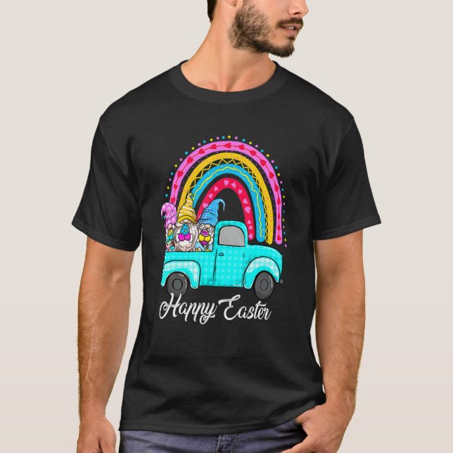 Camiseta Gnomos Arco-Íris Com Ovos Coelhinhos Caçando Pais (Frente)