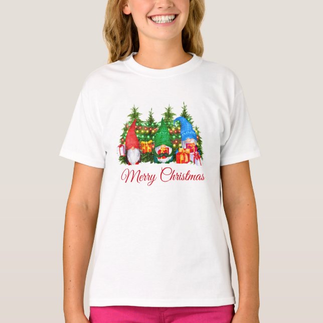 Camiseta Gnomos de Aquarela Vermelha Feliz Garota de Natal (Frente)