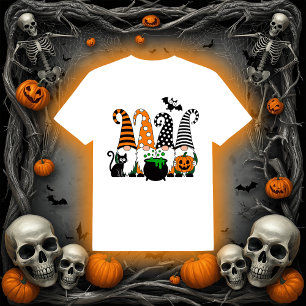 Camiseta Gnomos de Halloween Fofos com Caldeirão e Abóbora