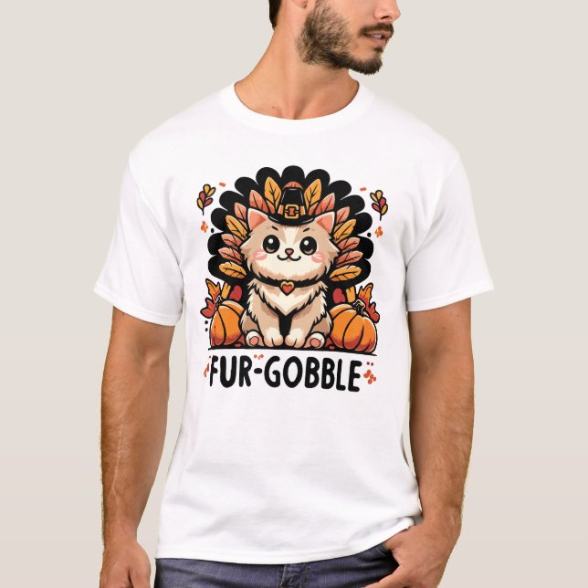 Camiseta Gobble com peles - Gato de Ação de Graças Bonito (Frente)