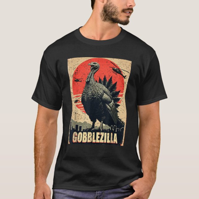 Camiseta Gobblezilla Turquia Humor Unisex Adultos Crianças  (Frente)