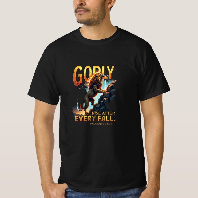 Camiseta Godly Rise - Lion Escalbing Rock (Proverbs 24:16) (Frente)