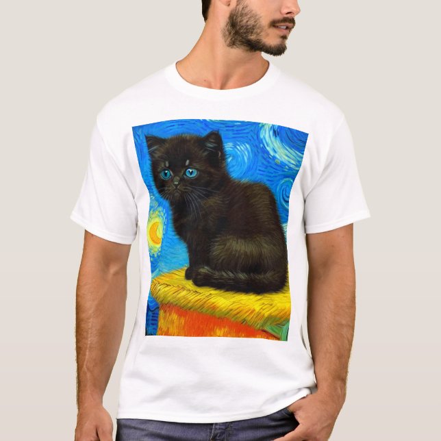 Camiseta Gogh Style Starry Night Cat (Frente)
