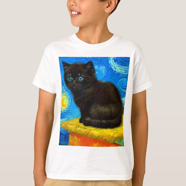 Camiseta Gogh Style Starry Night Cat (Frente)