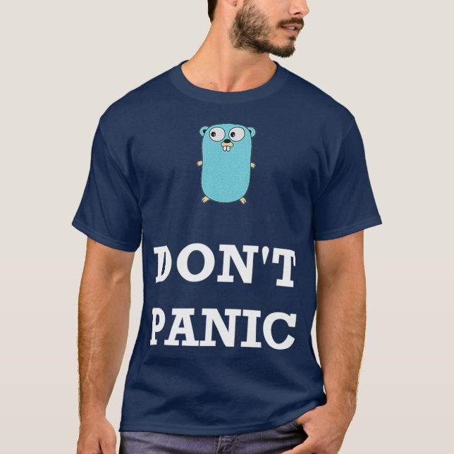 Camiseta Golang Gopher Programando Humor Não Pânico (Frente)
