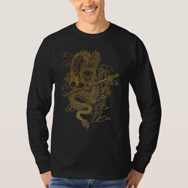 Camiseta Gold Chinese Dragon with Black Background (Frente)