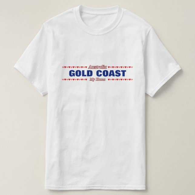 Camiseta GOLD COAST - minha casa - Austrália; Corações (Frente do Design)