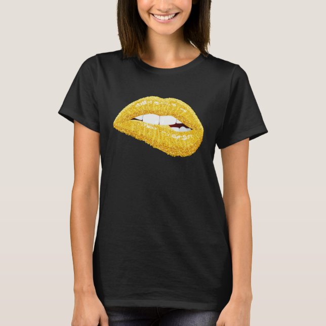 Camiseta Gold Lips Biting Lipstick Makeup (Frente)