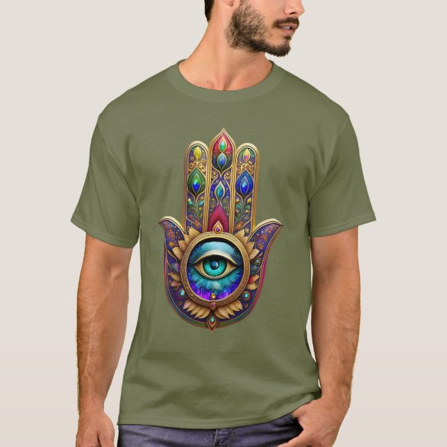 Camiseta Gold Peacock Colors Hamsa Green Sapphire Third Eye (Frente)