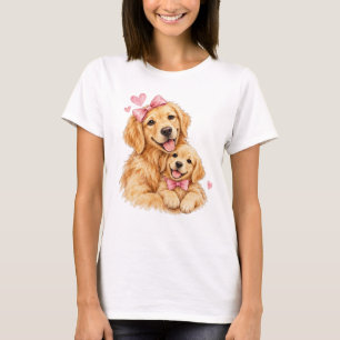 Camiseta Golden Mama e Filhote com Laço Rosa
