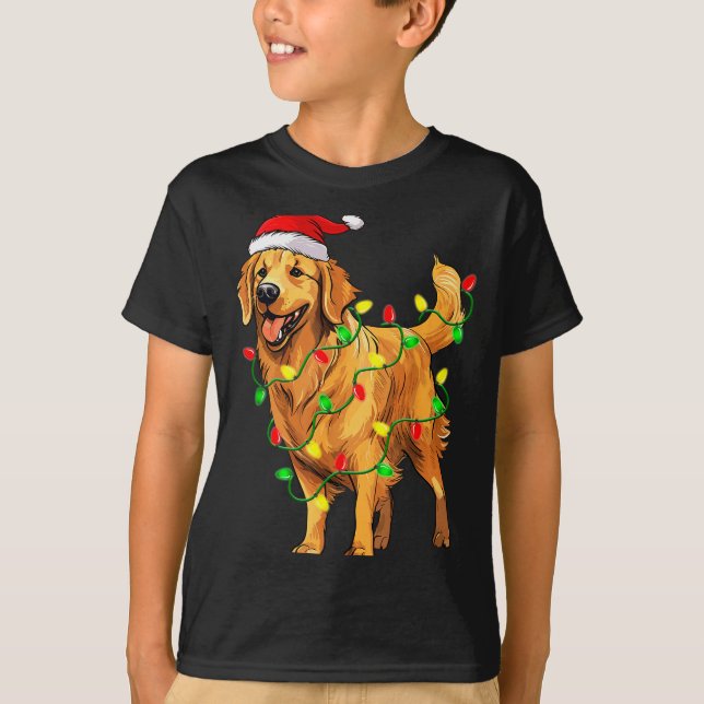 Camiseta Golden Retriever Christmas Santa Hat Tree Lights P (Frente)