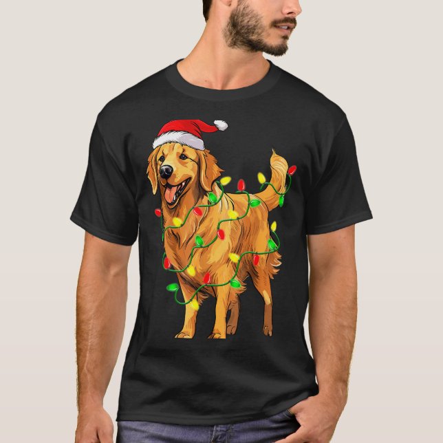 Camiseta Golden Retriever Christmas Santa Hat Tree Lights P (Frente)