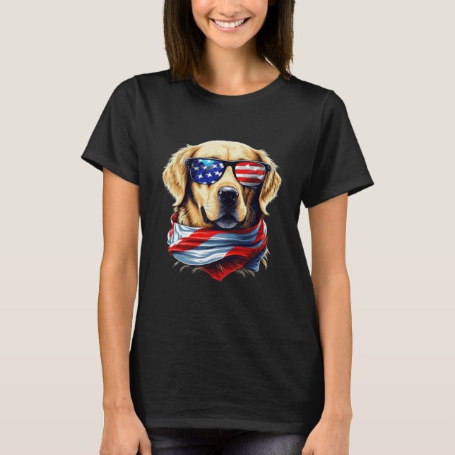Camiseta Golden Retriever Com Óculos De Sol Dos EUA E Bande (Frente)