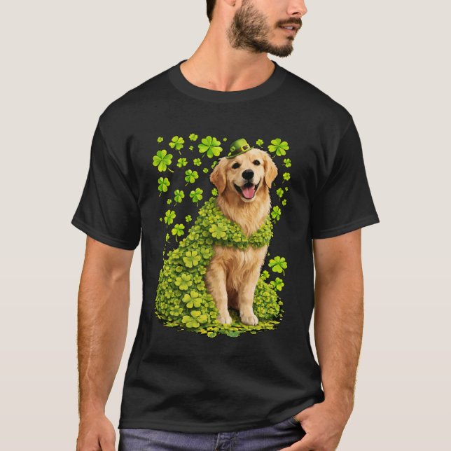 Camiseta Golden Retriever com Shamrocks Trevos St Patrick (Frente)