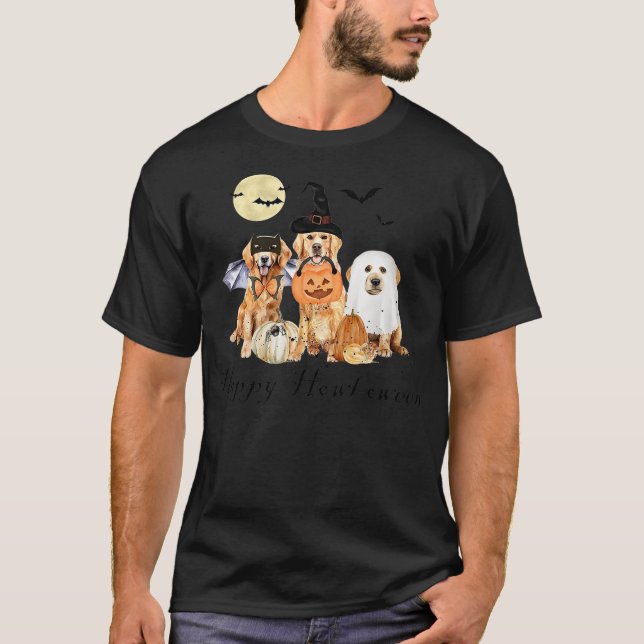 Camiseta Golden Retriever Dog Ghost Halloween Witch And Bat (Frente)