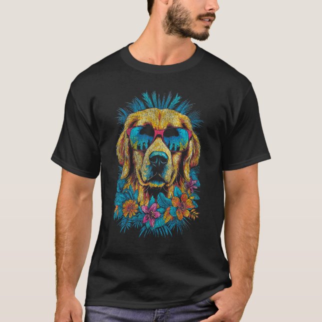 Camiseta Golden Retriever Usando Óculos de Nerd e Flores (Frente)