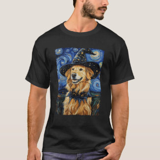 Camiseta Golden Retriever Witch Costume Painting Starry Nig