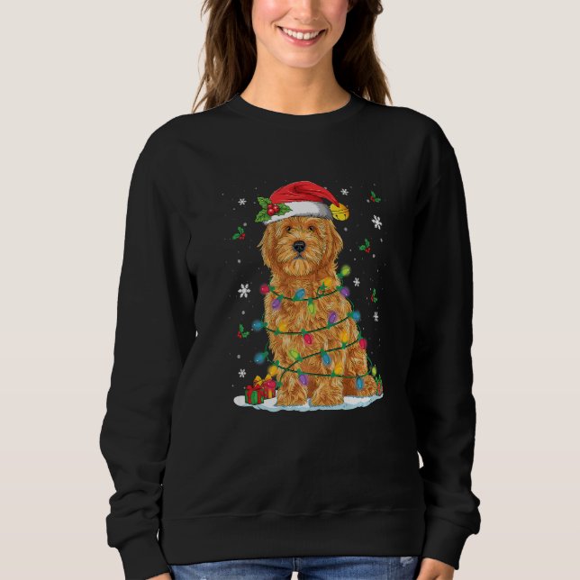 Camiseta Goldendoodle Christmas Santa Hat Fairy Lights Paja (Frente)
