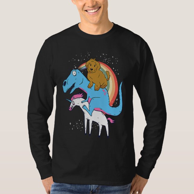 Camiseta Goldendoodle Dinosaur Riding Unicorn Kids Men Rain (Frente)