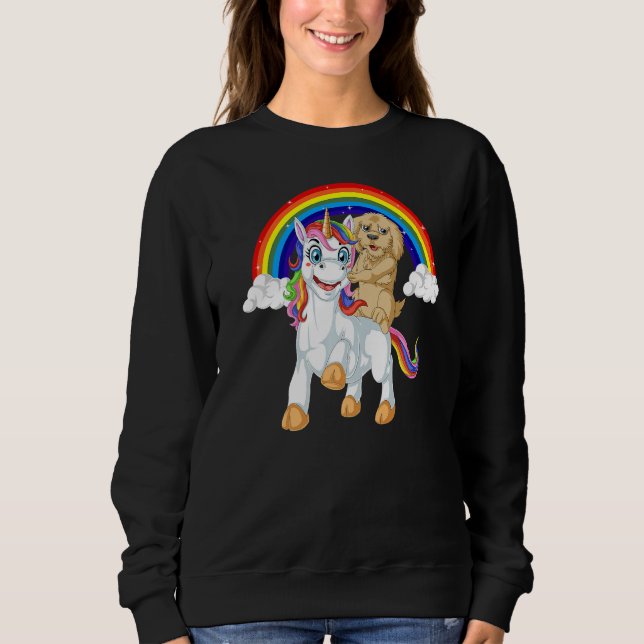 Camiseta Goldendoodle Dog Riding Unicorn Rainbow Girls & Ki (Frente)