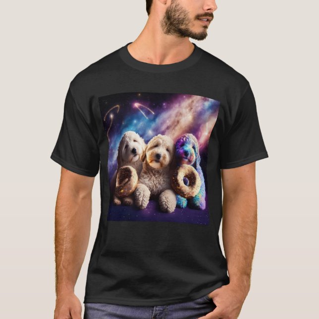 Camiseta Goldendoodle In Space With Donuts Cute Doodle Boys (Frente)