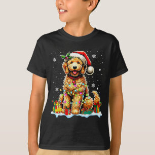 Camiseta Goldendoodle Natal Chapéu do Papai Noel Luzes de F