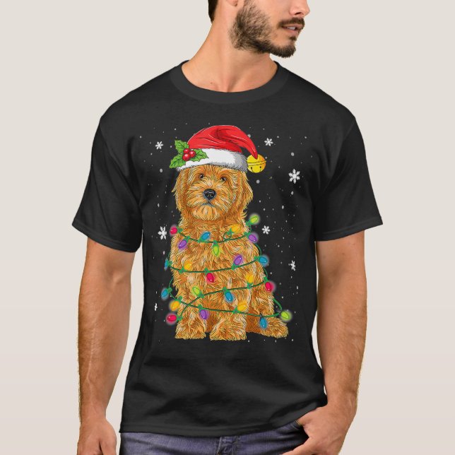 Camiseta Goldendoodle Natal Santa Hat Luzes Fadas (Frente)